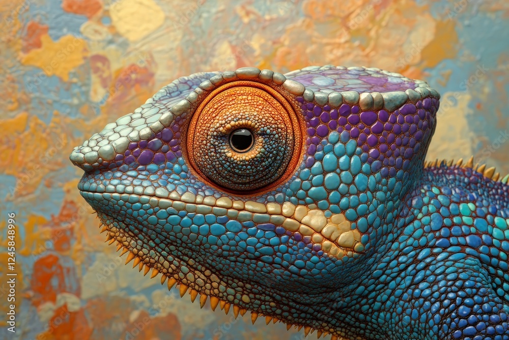 Poster Vibrant close-up of a colorful chameleon against a textured background highlighting its unique patterns and features