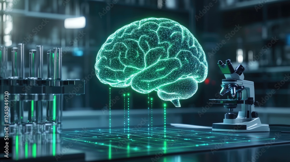 Aufkleber a holographic human brain projecting data with green laser beams, sending information to microscopes
