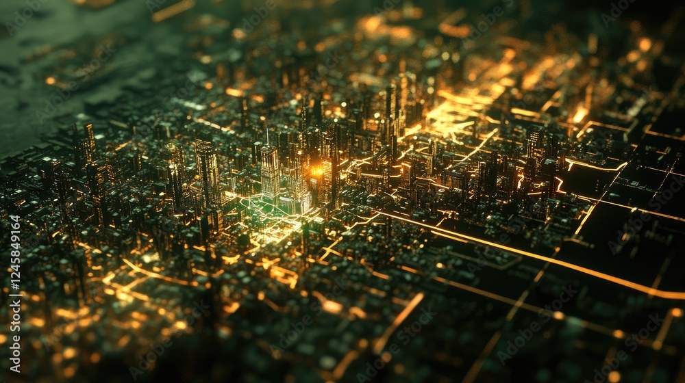 Poster a holographic map depicting the bustling metropolis with glowing lines, symbolizing the connection b