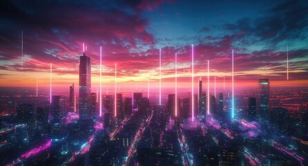 Futuristic City Skyline with Neon Lights and Glowing Connections