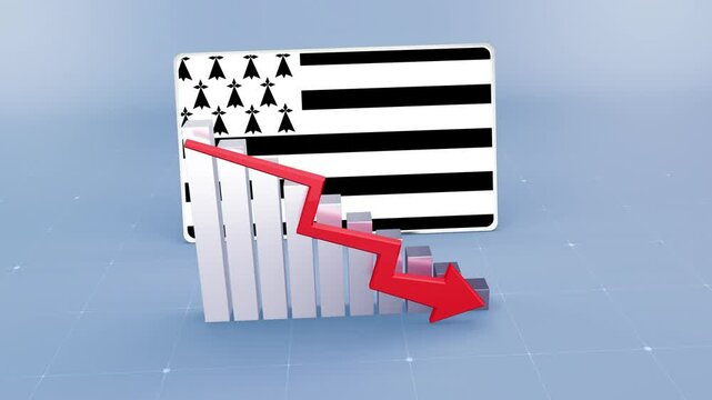 Brittany country flag and bar chart graph showing decreasing values a red arrow economic crisis concept. Flag of Brittany