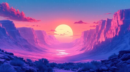 Vibrant sunset over a colorful canyon landscape with reflections in the water, evoking tranquility