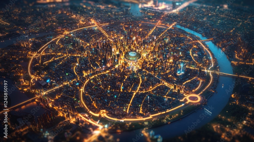 Poster A holographic map of a bustling metropolis with glowing trajectories illustrating the flow of ideas and commerce driven by educational advancements.