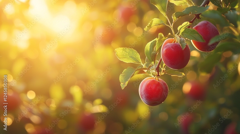 Poster sunlight filters through the leaves of a vibrant orchard, illuminating clusters of ripe red plums ha