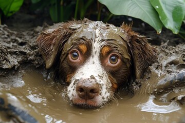 Dog playing in mud pit at a garden during a cloudy day