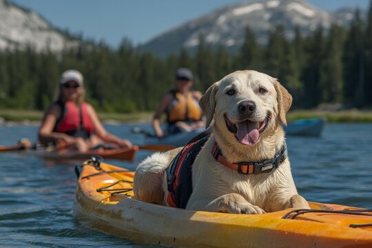 Happy labrador enjoying a kayak adventure with friends on a sunny day near the mountains