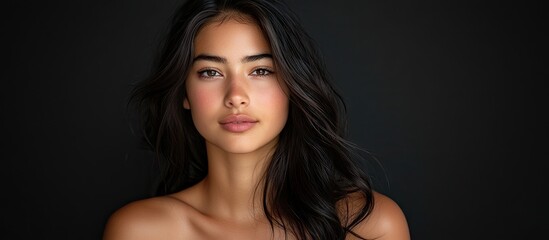 Naklejka premium Confident young woman with flowing dark hair, soft natural makeup, against a captivating black background, radiating beauty and charm.