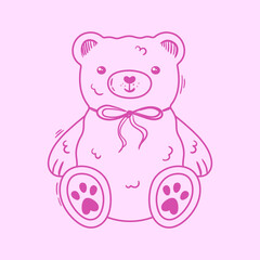 Cute line art bear with bow. Hand drawn coquette toy. Valentine's day gift, romantic symbol. Vector y2k design