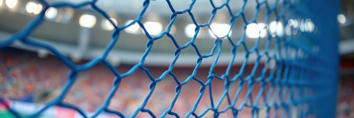 Naklejka premium Close-up view of blue goal netting at a vibrant sports stadium during a lively soccer match in an afternoon setting
