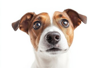 Close-up of a curious brown and white dog with expressive eyes and alert ears in a light background
