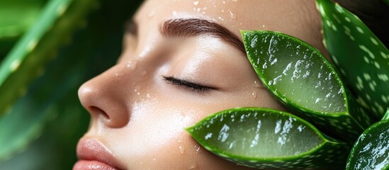 Close up of a serene face with smooth, glistening skin surrounded by fresh green Aloe vera leaves showcasing soothing skin rejuvenation properties