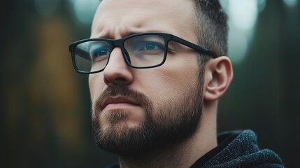 Close-up of a young man wearing glasses with a focused expression. Modern lifestyle and determination concept