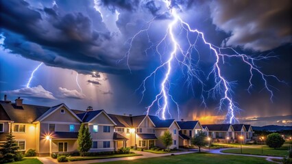 Lightning strike behind a residential building during a storm, lightning, strike, behind, residential, building