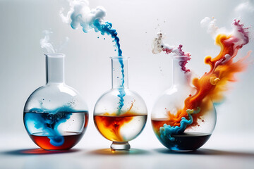   Smoking and burning bottles of chemical reagents in a chemical laboratory ,a white backgroud  laboratory setting where a beakers bubble    smoking on table 