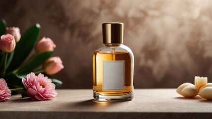 Elegant presentation of perfume bottle with floral and minimalist accents