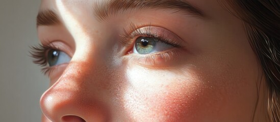 Fototapeta premium Close-up portrait of a woman with soft glowing skin, featuring light reflections across her face, highlighting her clear blue eyes and natural beauty.