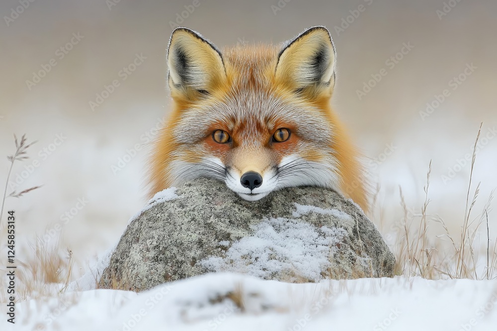 Aufkleber red fox resting on a snow-covered rock in a serene winter landscape during twilight hours