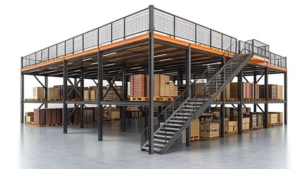 Modern Two-Story Warehouse Mezzanine with Metal Staircase and Cargo Boxes.