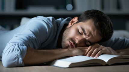 Fototapeta premium Man asleep on an open book in a dimly lit room, depicting exhaustion and late-night studying. academic stress and fatigue