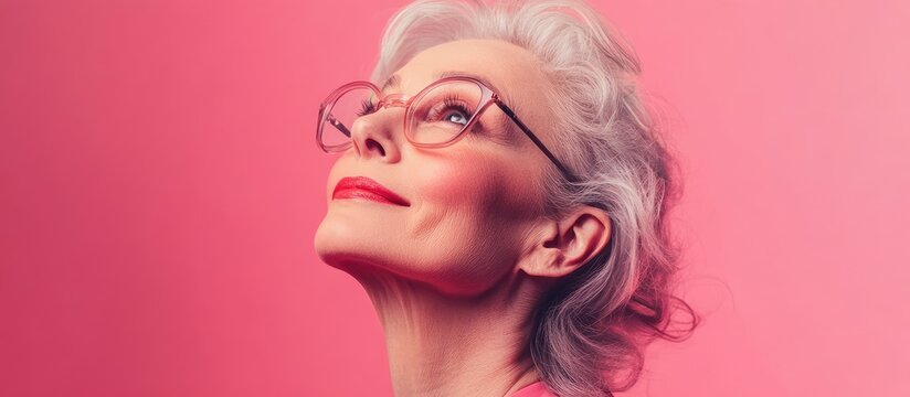 Elegant senior woman with silver hair and eyeglasses gazing upward against a soft pink background, showcasing charm and grace in beauty. - Powered by Adobe