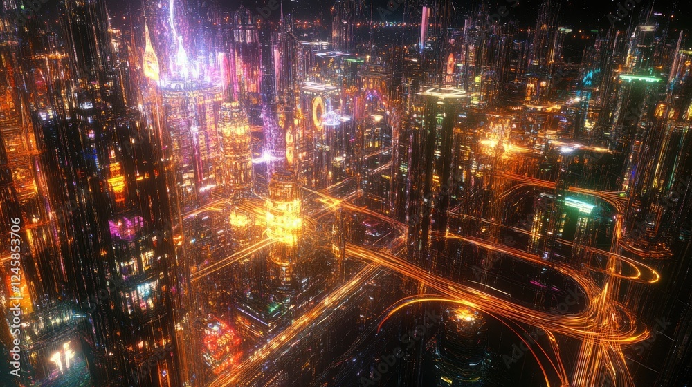 Poster a holographic map depicting the bustling metropolis with glowing lines, symbolizing the connection b