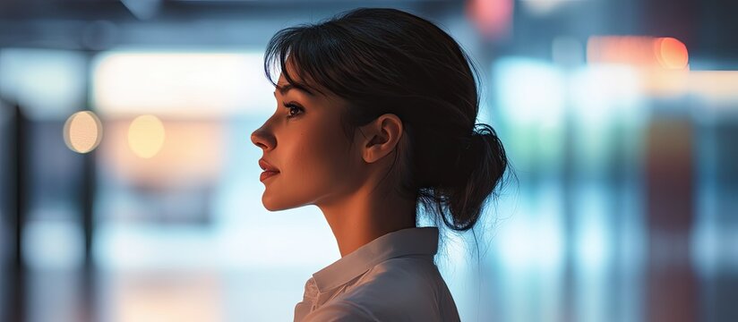 Professional side profile of a female customer service representative in a blue and warm toned environment highlighting her focus and communication skills