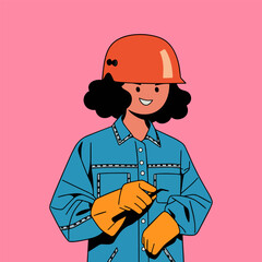 Female construction worker in helmet and overalls. Vector cartoon illustration.