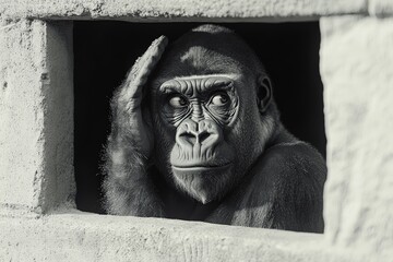 Gorilla peering through a wall opening, showcasing curiosity and intelligence in a natural habitat setting