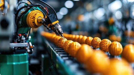 Robotic arm manufacturing golf balls on conveyor belt