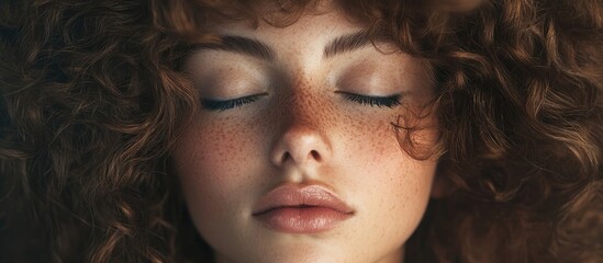 Obraz premium Serene close-up of a woman with curly hair and closed eyes highlighting natural beauty with soft freckles and subtle facial expressions in warm tones.