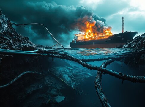 Burning Oil Tanker and Underwater Wreckage: A Dramatic Scene of Environmental Disaster