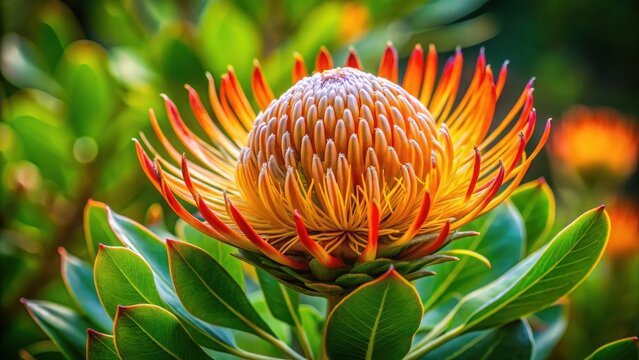 Large Madiba protea flower blooms on a vibrant green background, its petals a deep shade of orange with intricate details, set against a lush foliage , vibrant green background, nature