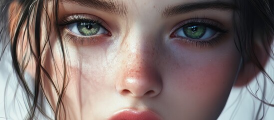 Fototapeta premium Close-up of a young woman with mesmerizing green eyes and tousled dark hair, conveying a sense of wonder against a softly blurred background.