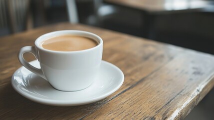 Obraz premium Coffee cup on wooden table in cafe