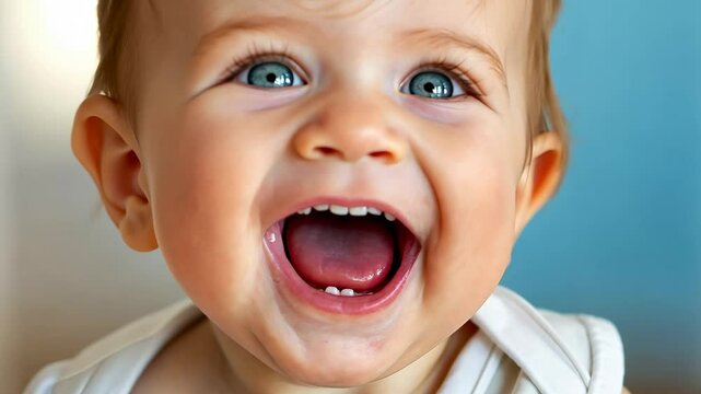 Baby with a big smile on his face. The baby is smiling and has a tooth missing