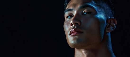 Obraz premium Handsome Asian man with glowing skin, angled portrait against black studio background, subtle blue highlights accentuating defined features.