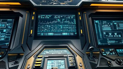 High-tech control panel of a futuristic spacecraft featuring glowing screens and intricate controls - Powered by Adobe