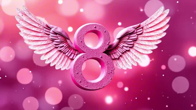A pink textured number 8 with pink wings spread out on the sides stands on a pink background with lights and bokeh and flaps its wings, lights are moving in the background. The concept of March 8