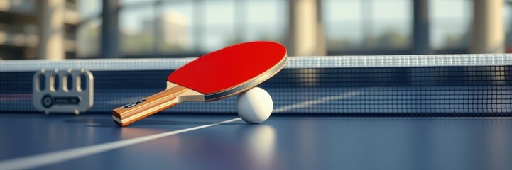 Paddle rests on the table with a ping pong ball during a game in a bright sports facility