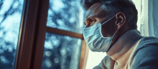 Senior man wearing a medical face mask gazing thoughtfully out a window at home bathed in soft evening light highlighting safety and solitude