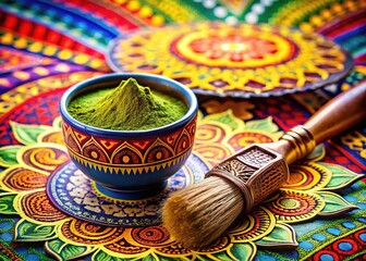 Fototapeta premium Bowl with henna and brush on color background, closeup