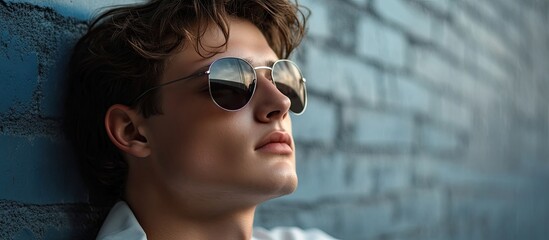 Naklejka premium Close up profile of a fashionable young man wearing dark sunglasses leaning against a textured blue wall with soft natural lighting highlighting style