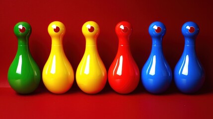 Colorful bottles arranged on red background; product photography
