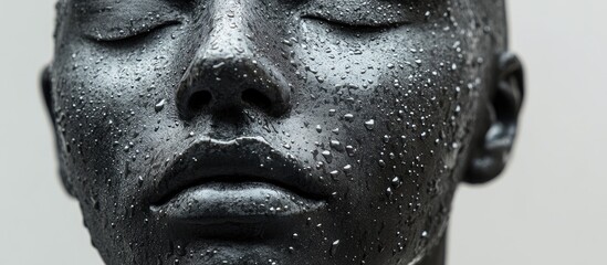 Close up of a textured black human face mask with clear condensation drops set against a soft grey background emphasizing moisture effects.