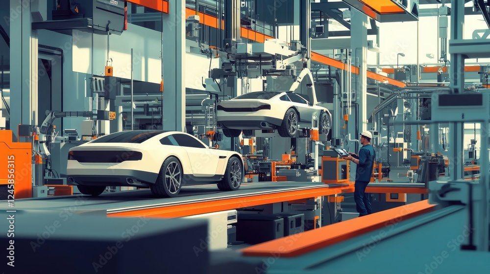 Poster a modern car manufacturing assembly line, with robots and workers assembling vehicles efficiently, c