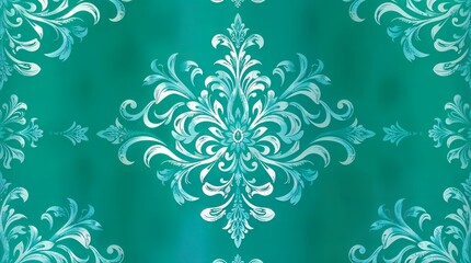 Fototapeta premium Teal and white damask pattern with stylized foliage and a central flower