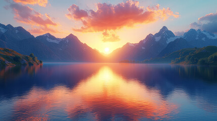 Fototapeta premium breathtaking sunset over serene lake surrounded by majestic mountains and vibrant clouds
