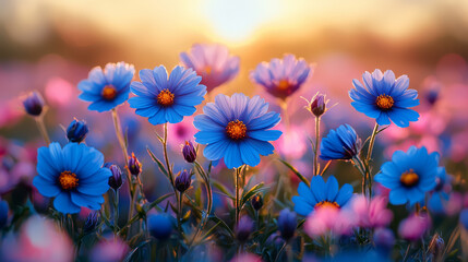 Vibrant blue and pink flowers bloom in sunlit spring meadow, creating serene and colorful landscape