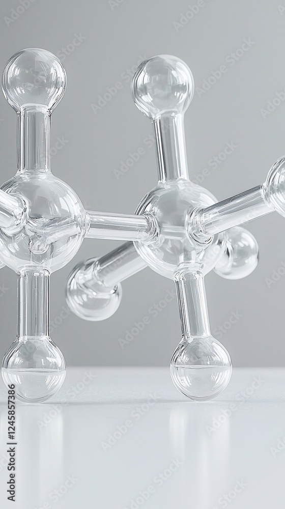 Poster glass molecule model on lab table; science background; research illustration