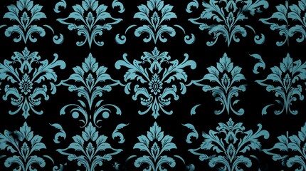 Teal damask pattern on a black background with a vintage wallpaper style